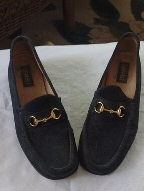 Vaneli Black Suede Loafers with Gold Horsebit